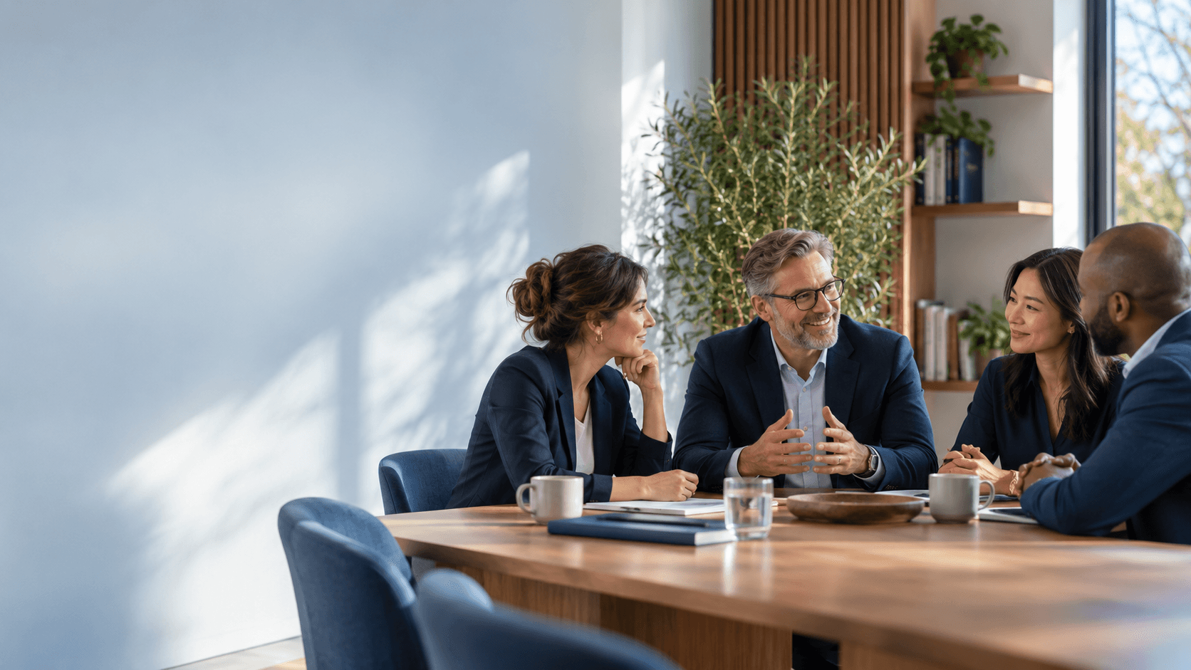 An institution team in conversation in a naturally lit meeting room.