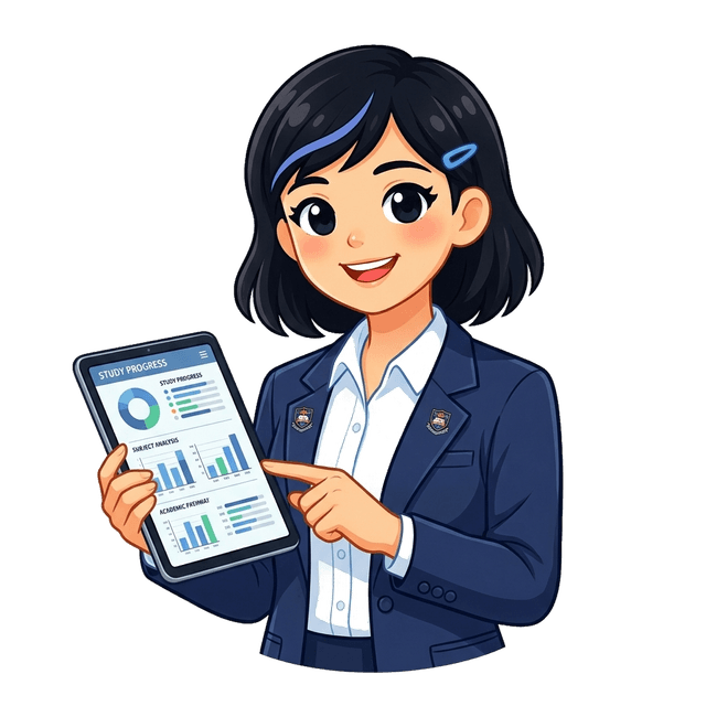 Vivia in academic blazer pointing at course analytics tablet